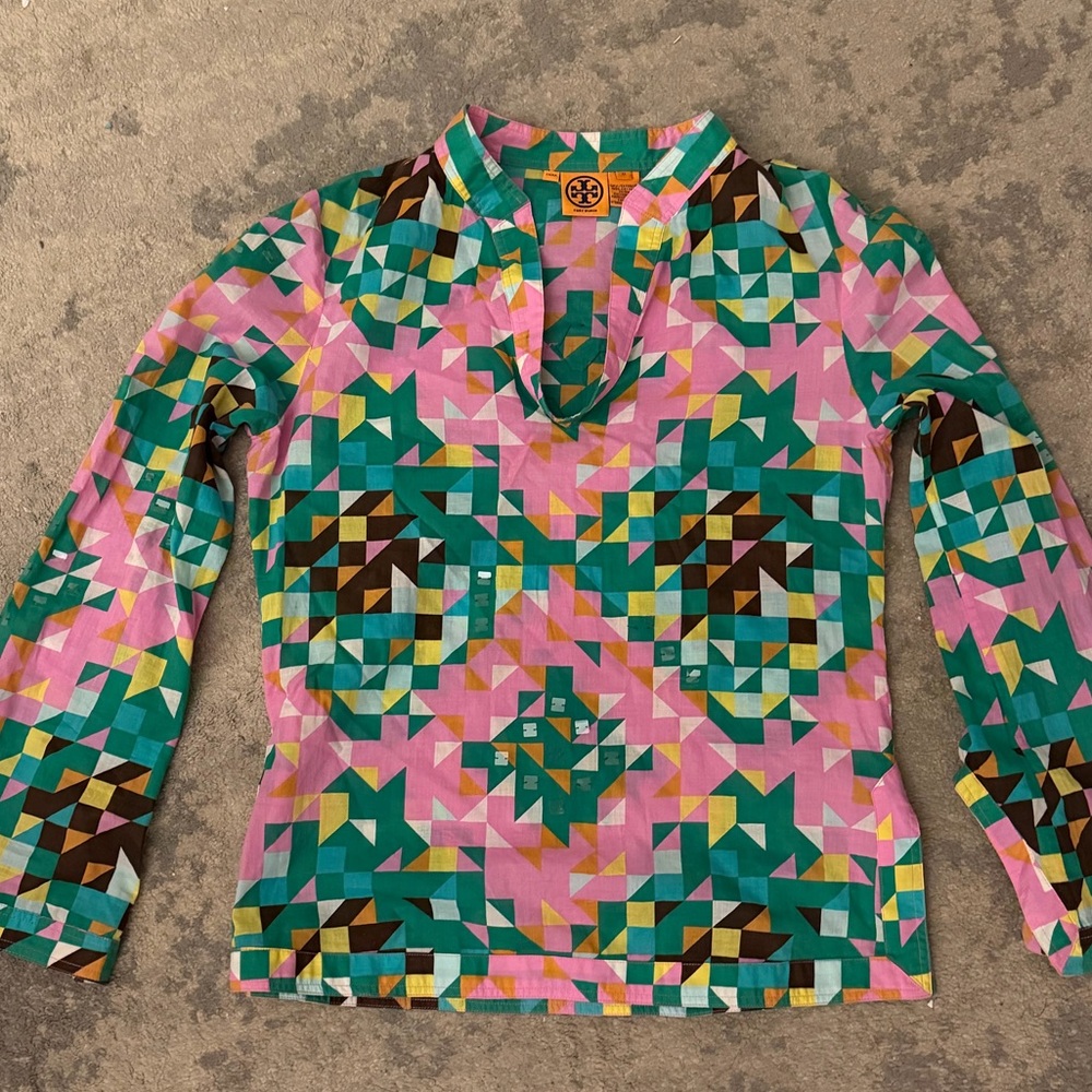 Tory Burch Pink Green Geometric Tunic Top